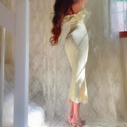 Pale Yellow Sparkly Lace Ruffle Strapless Midi Dress