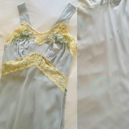 1930s antique baby blue & yellow lace floral bias cut lingerie gown