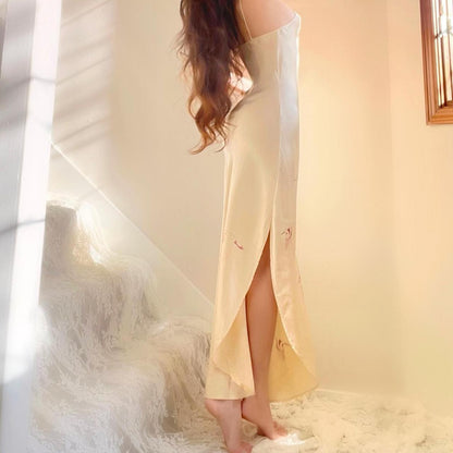 1970s Nightingale Champagne Nude Silk Bias Cut Crane Print Lingerie Slip Dress