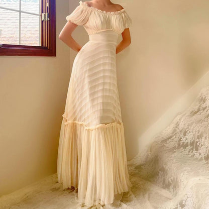 1930s antique ivory/cream stripped silk chiffon ruched gown