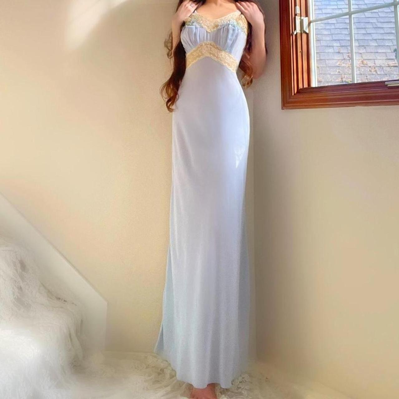 1930s antique baby blue & yellow lace floral bias cut lingerie gown