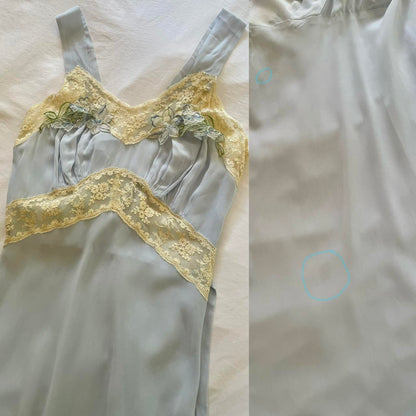 1930s antique baby blue & yellow lace floral bias cut lingerie gown