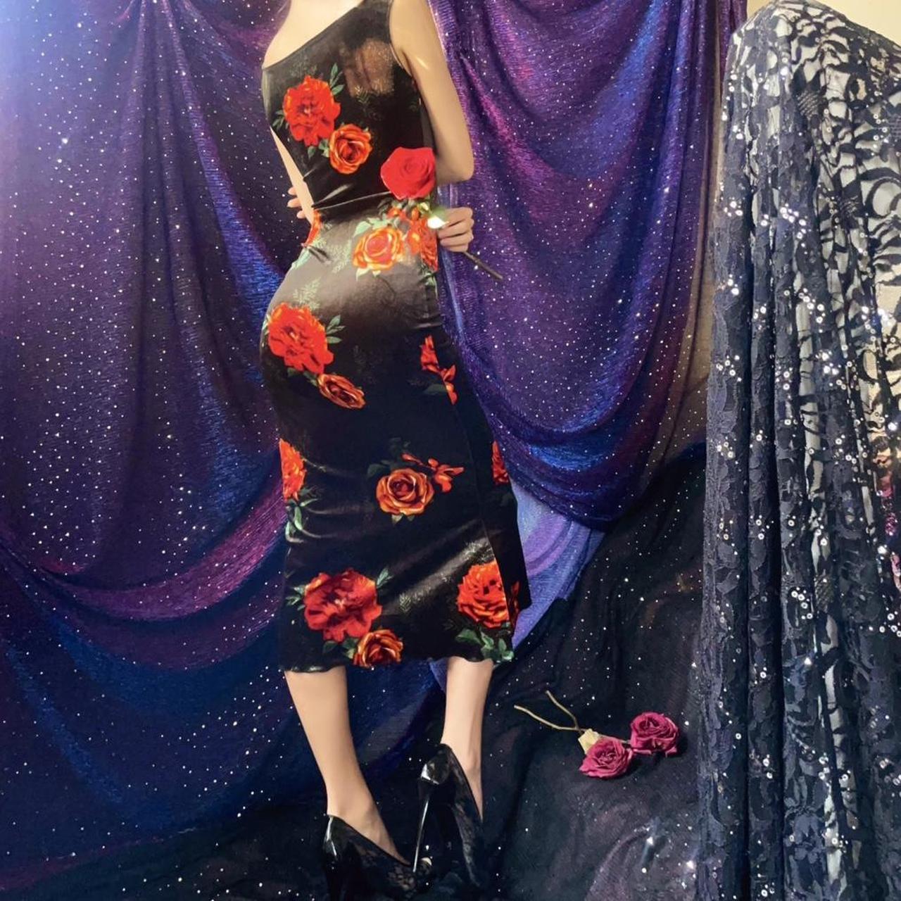 Black & Orange Roses Velvet Bateau Neck Midi Dress