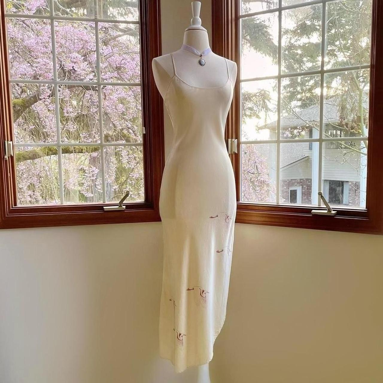 1970s vintage Nightingale champagne nude silk bias cut crane print lingerie slip dress