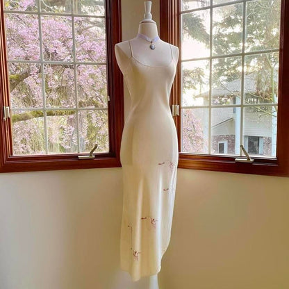 1970s vintage Nightingale champagne nude silk bias cut crane print lingerie slip dress