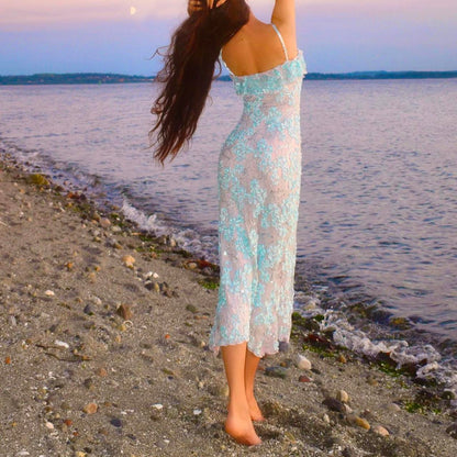 Siren Pastel Princess Baby Blue/Pink Lace Ruffled Mermaid Midi Dress