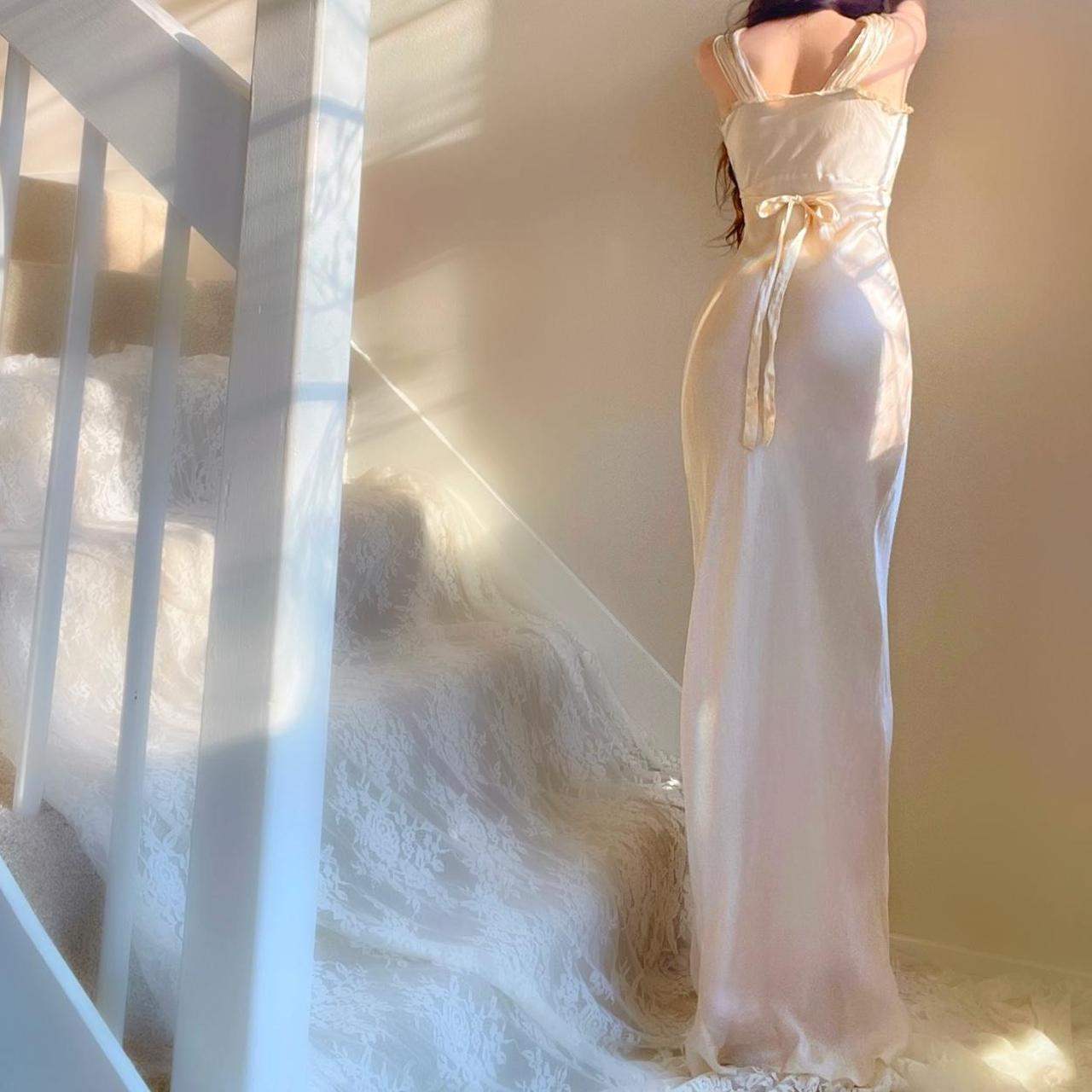 1920s antique champagne/nude liquid satin & lace bias cut lingerie gown