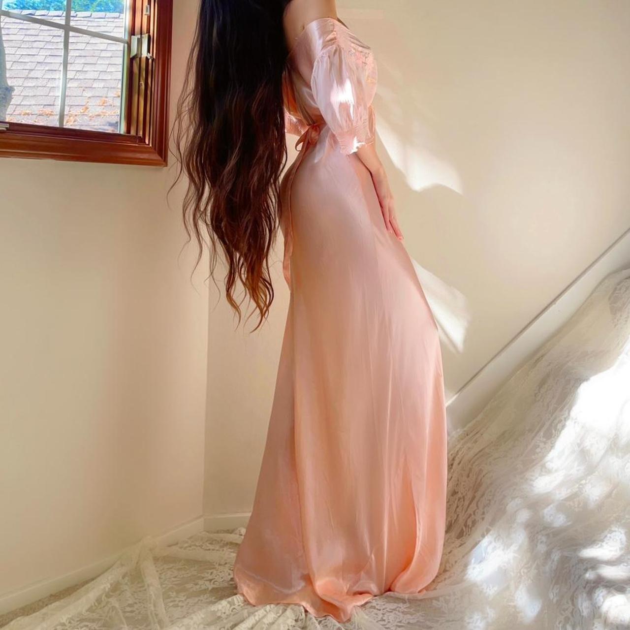 1930s antique peachy baby pink floral ruffle sleeve bias cut lingerie gown