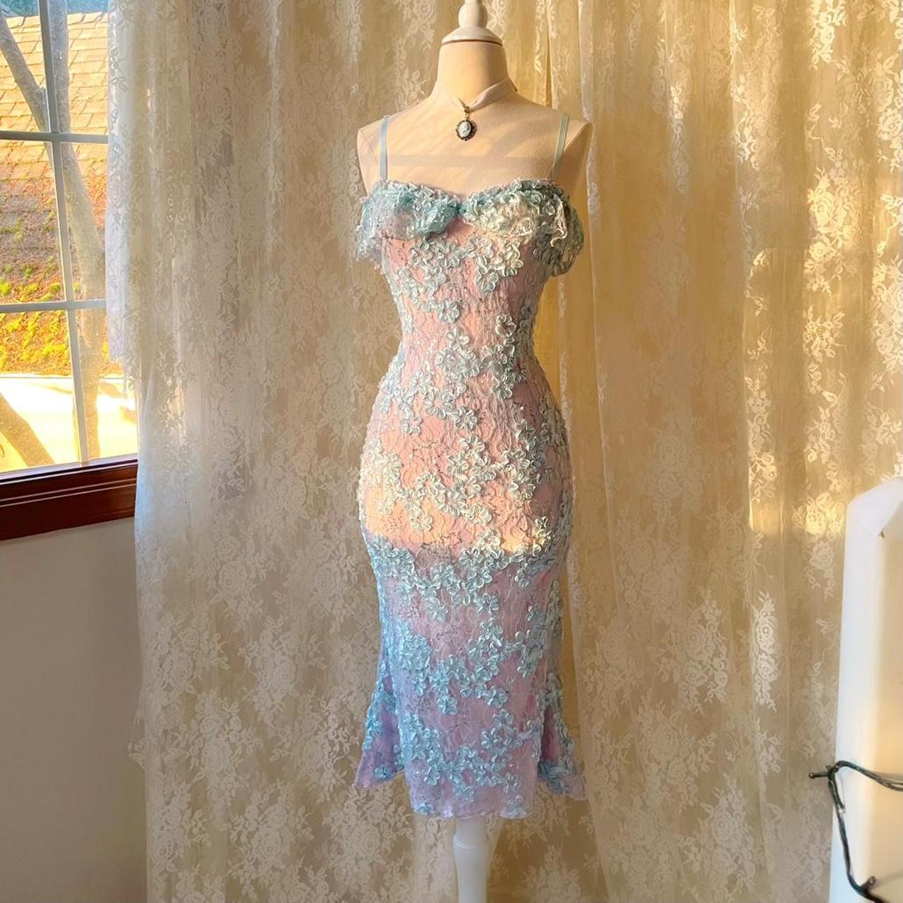 Siren Princess Baby Blue & Pink Sparkly Lace Mermaid Midi Dress