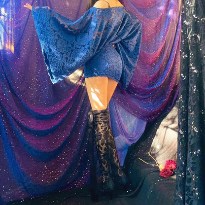 Deep Blue Lace Draped Batwing Mini Dress