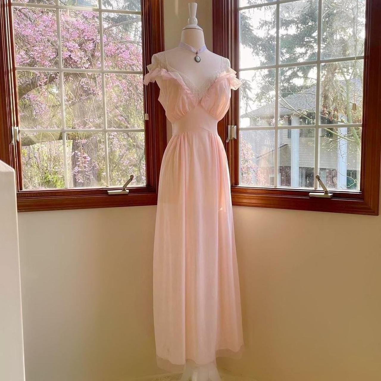 1940s/50s vintage Vanity Fair baby pink ruffled sheer nylon lingerie gown