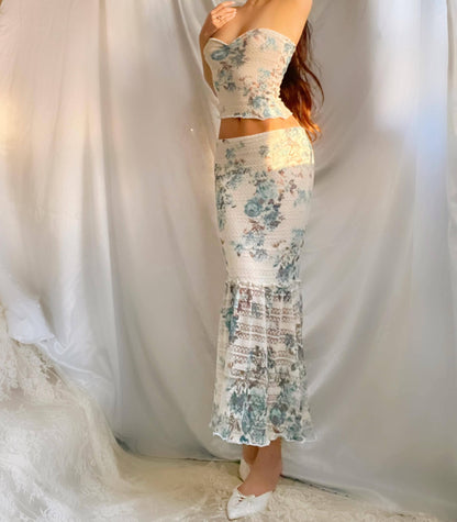 Blue/White Floral Soft Knit Crop Top + Mermaid Midi Skirt Matching Set