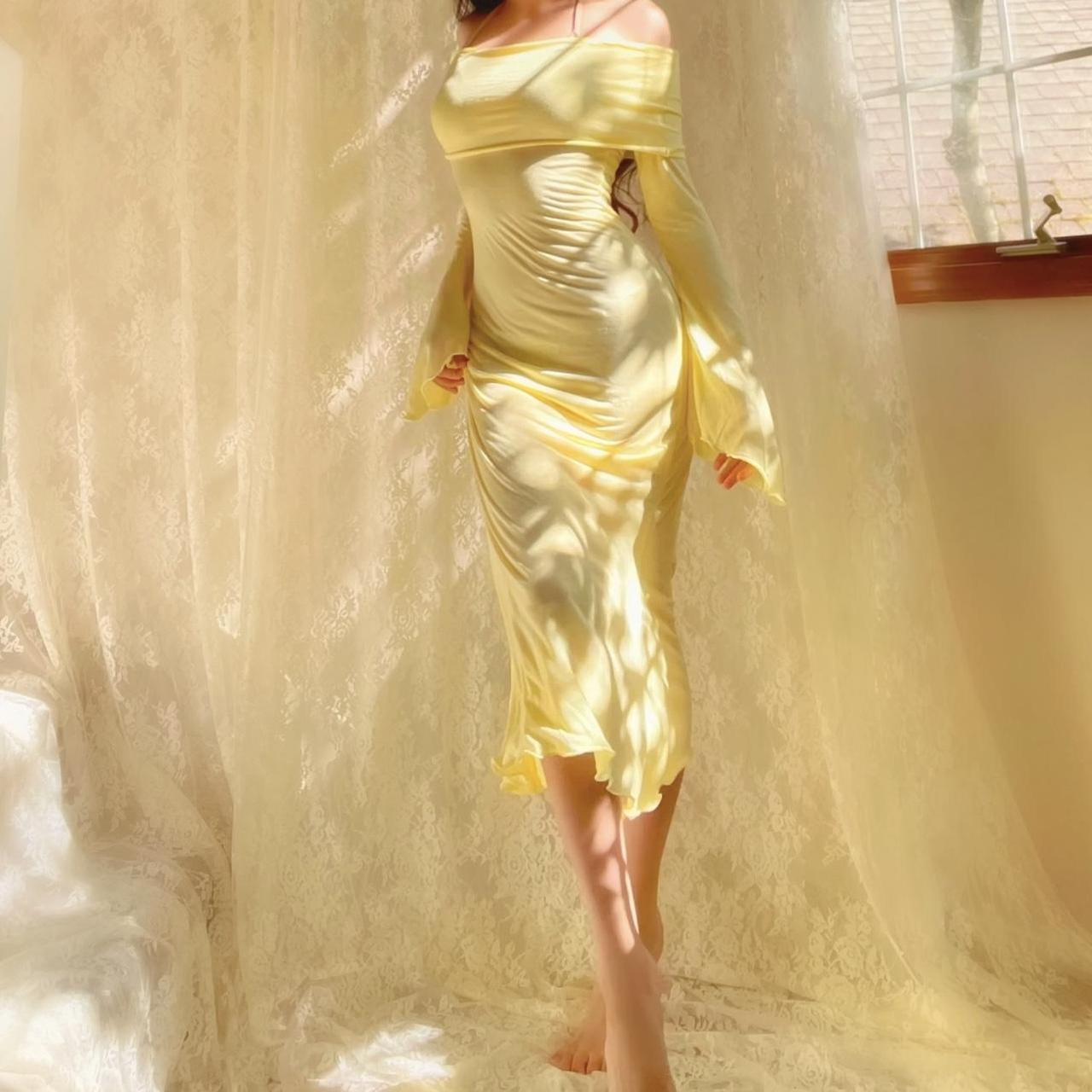 Aphrodite’s Angel Pale Yellow Off the Shoulder Mermaid Midi Dress