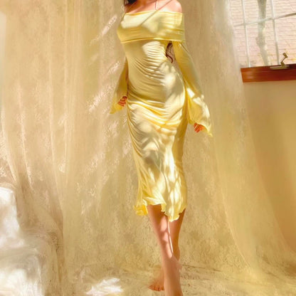 Aphrodite’s Angel Pale Yellow Off the Shoulder Mermaid Midi Dress