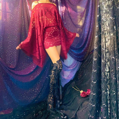 Burgundy/Maroon Lace Draped Batwing Mini Dress