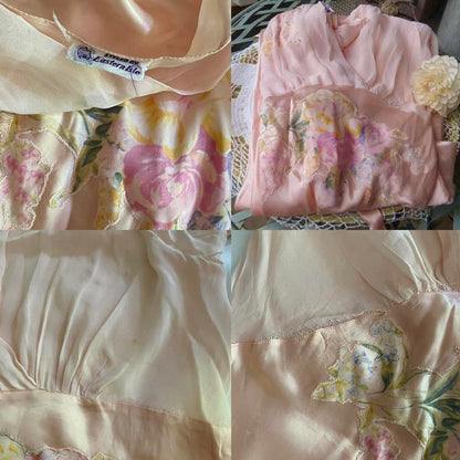 1930s antique peachy baby pink floral ruffle sleeve bias cut lingerie gown