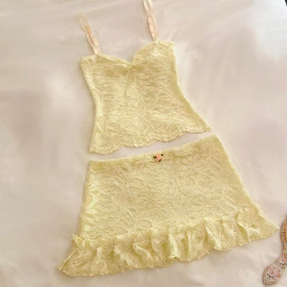 Pale Yellow Sparkly Cami + Ruffle Mini Skirt Matching Set