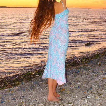 Siren Pastel Princess Baby Blue/Pink Lace Ruffled Mermaid Midi Dress