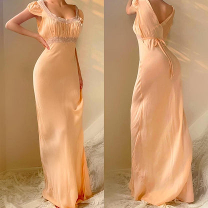 1930s antique pale peach/apricot silk and lace bias cut lingerie gown