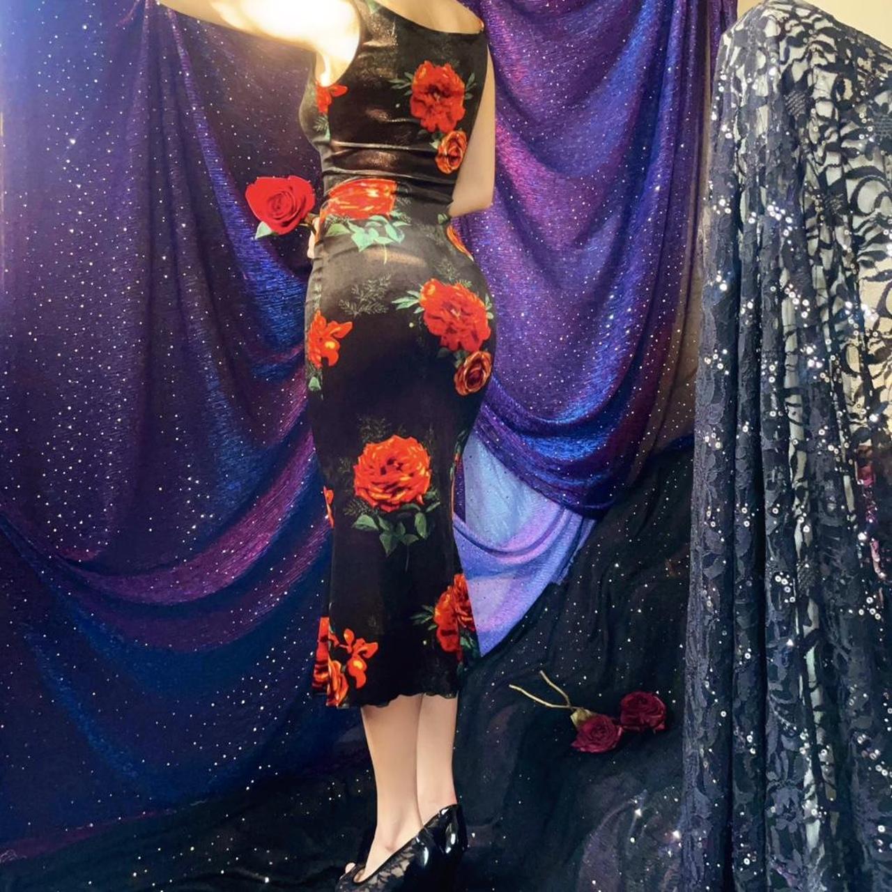 Black & Orange Roses Velvet Bateau Neck Midi Dress