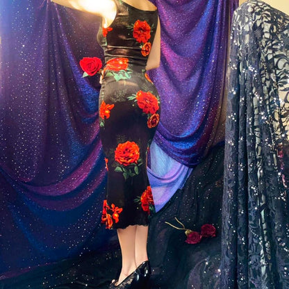 Black & Orange Roses Velvet Bateau Neck Midi Dress