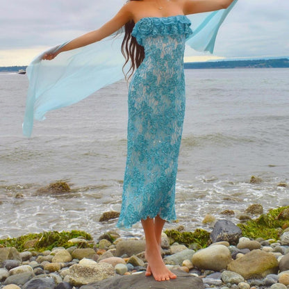 Baby Blue/White Sparkly Lace Mermaid Midi Dress