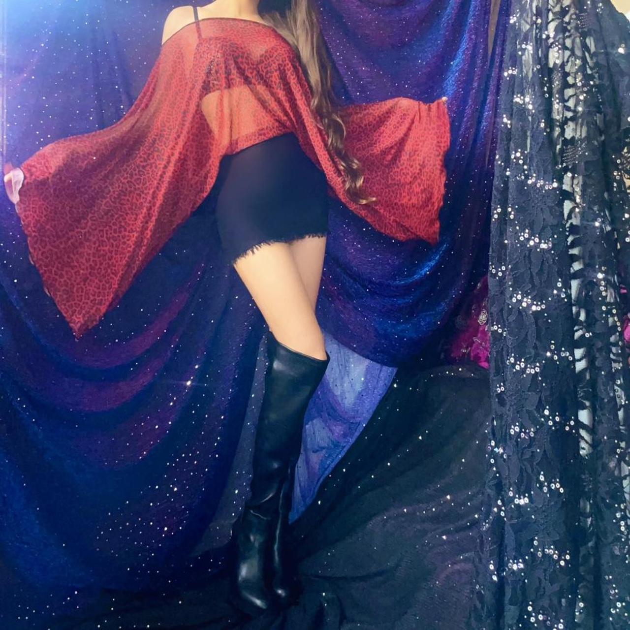 Red Leopard Mesh & Black Draped Batwing Sleeve Mini Dress