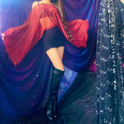 Red Leopard Mesh & Black Draped Batwing Sleeve Mini Dress