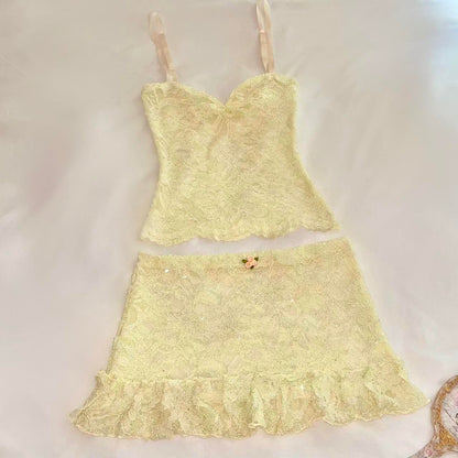 Pale Yellow Sparkly Cami + Ruffle Mini Skirt Matching Set