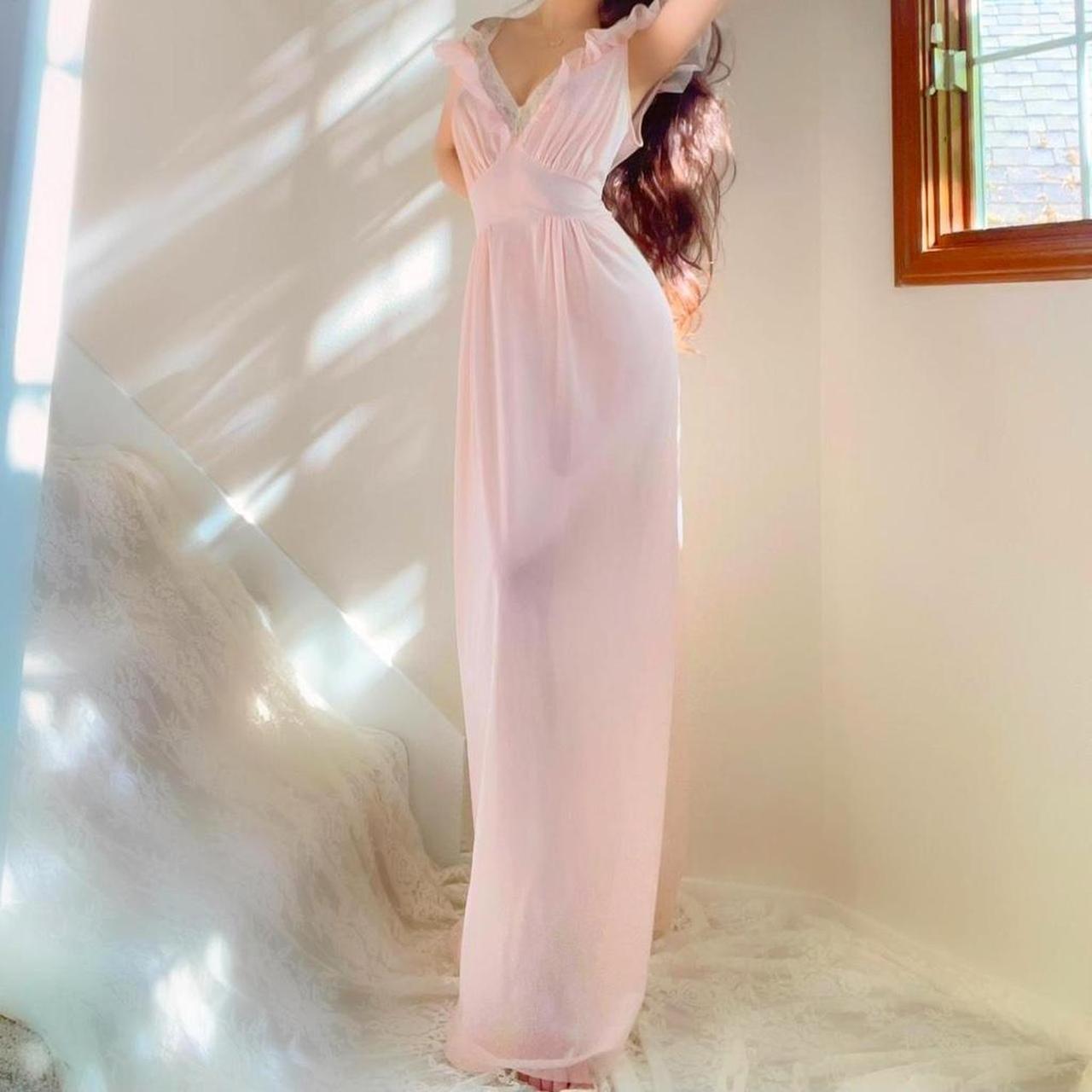 1940s/50s vintage Vanity Fair baby pink ruffled sheer nylon lingerie gown