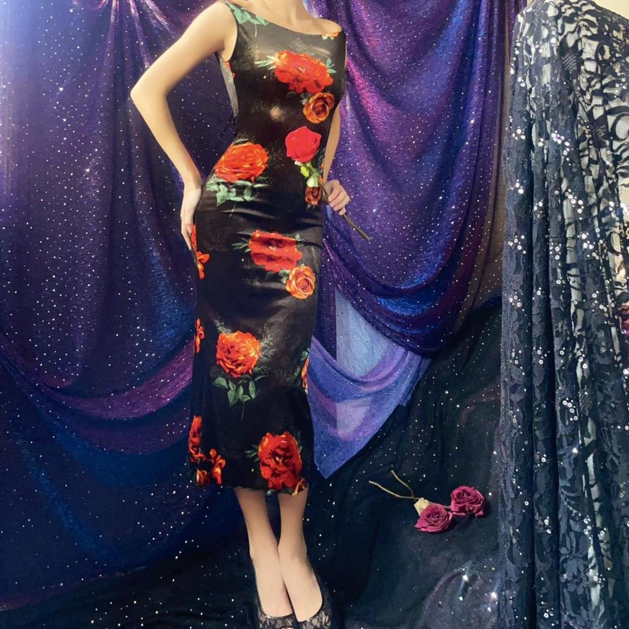 Black & Orange Roses Velvet Bateau Neck Midi Dress