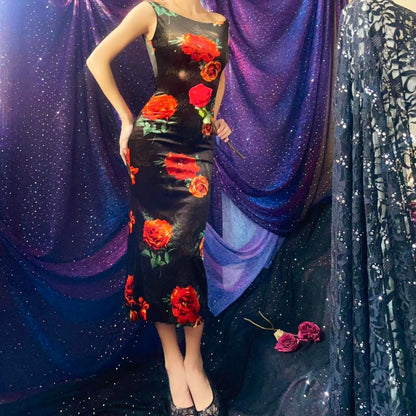 Black & Orange Roses Velvet Bateau Neck Midi Dress