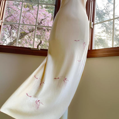 1970s Nightingale Champagne Nude Silk Bias Cut Crane Print Lingerie Slip Dress
