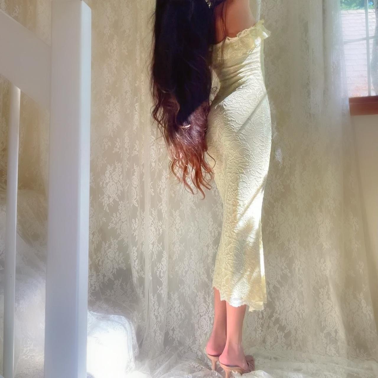 Pale Yellow Sparkly Lace Ruffle Strapless Midi Dress