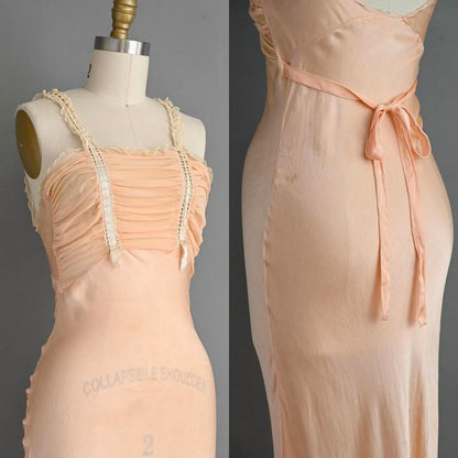 1930s antique soft peach/apricot romantic silk bias cut lingerie gown