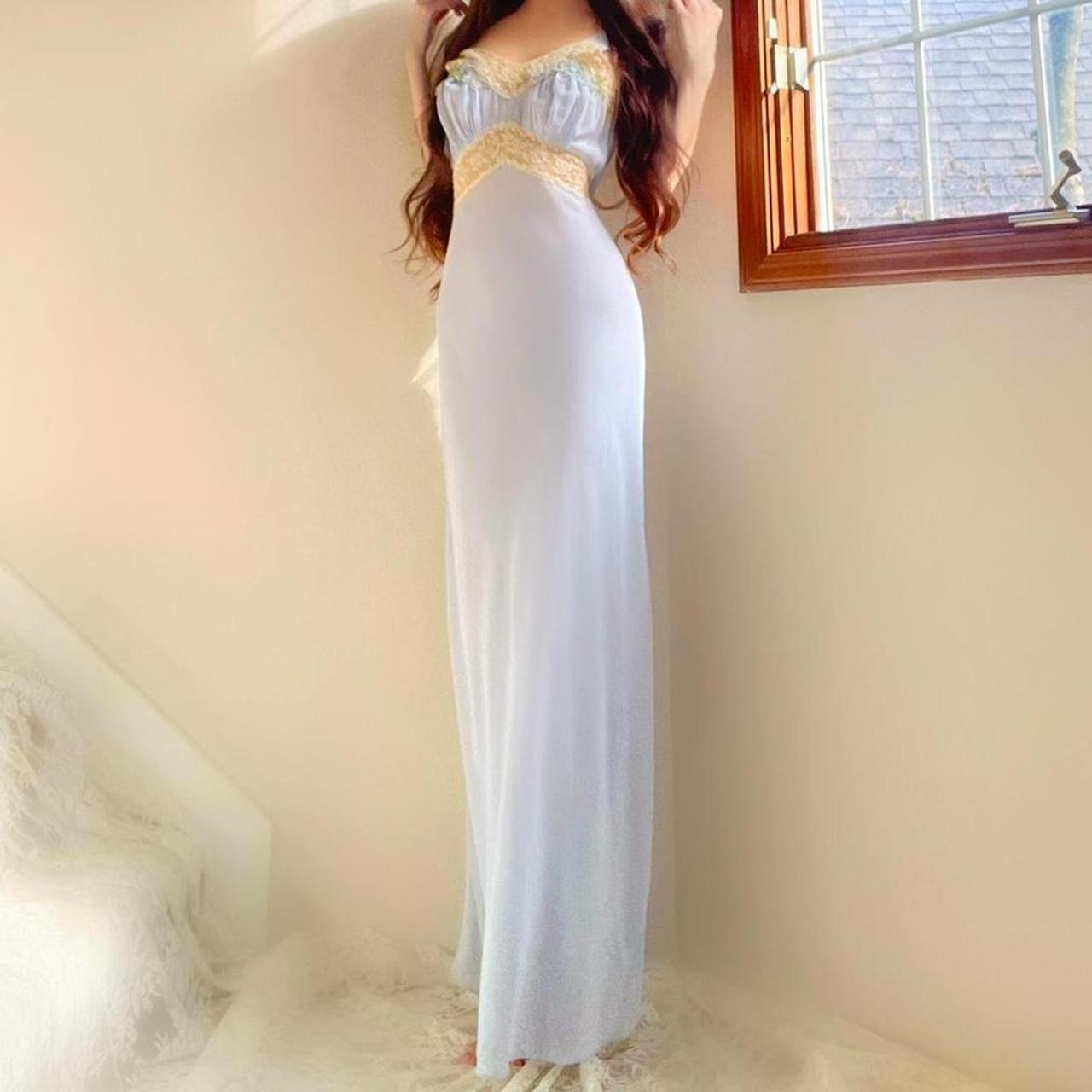 1930s antique baby blue & yellow lace floral bias cut lingerie gown