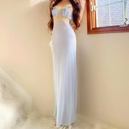 1930s antique baby blue & yellow lace floral bias cut lingerie gown