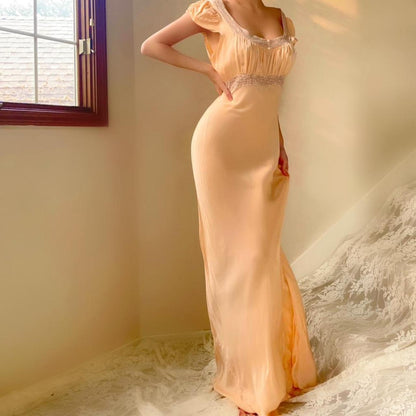 1930s antique pale peach/apricot silk and lace bias cut lingerie gown