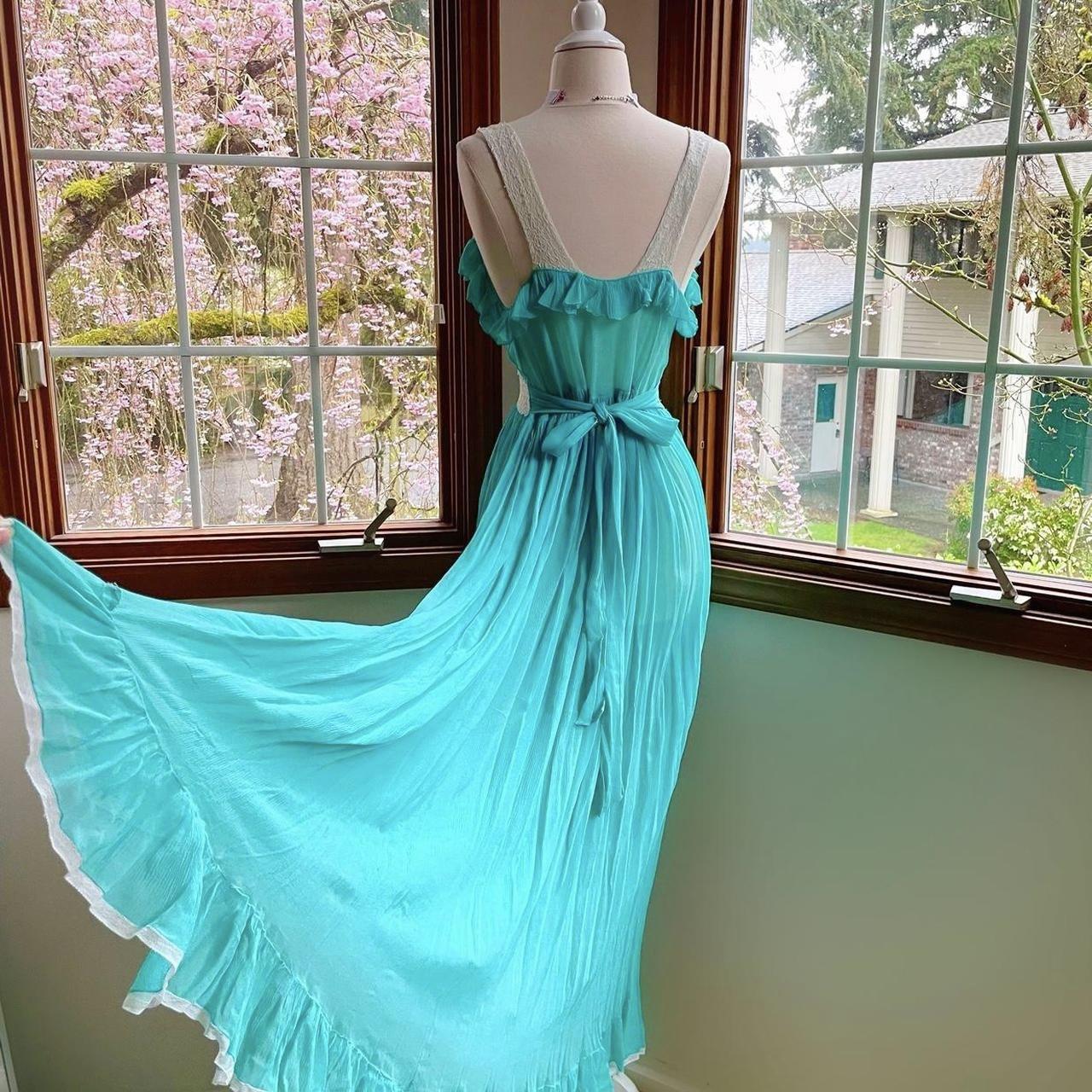 1940s mermaid turquoise/white silk chiffon bias cut pleated ruffle lingerie gown