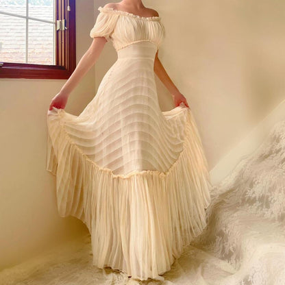 1930s antique ivory/cream stripped silk chiffon ruched gown