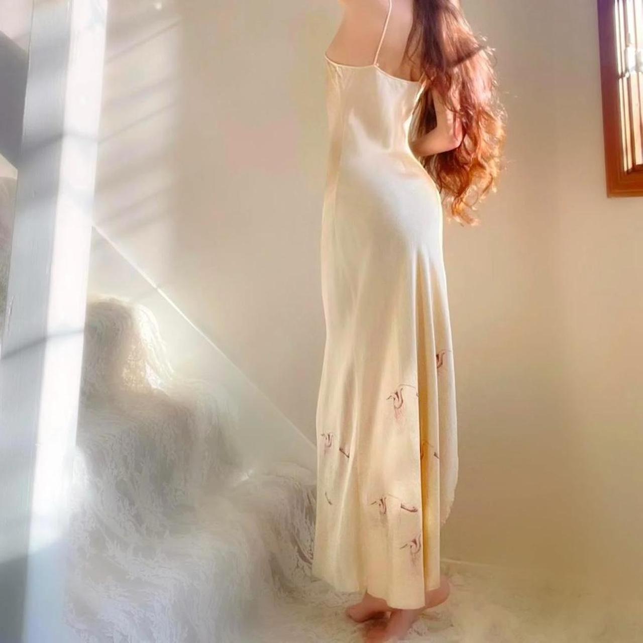 1970s vintage Nightingale champagne nude silk bias cut crane print lingerie slip dress