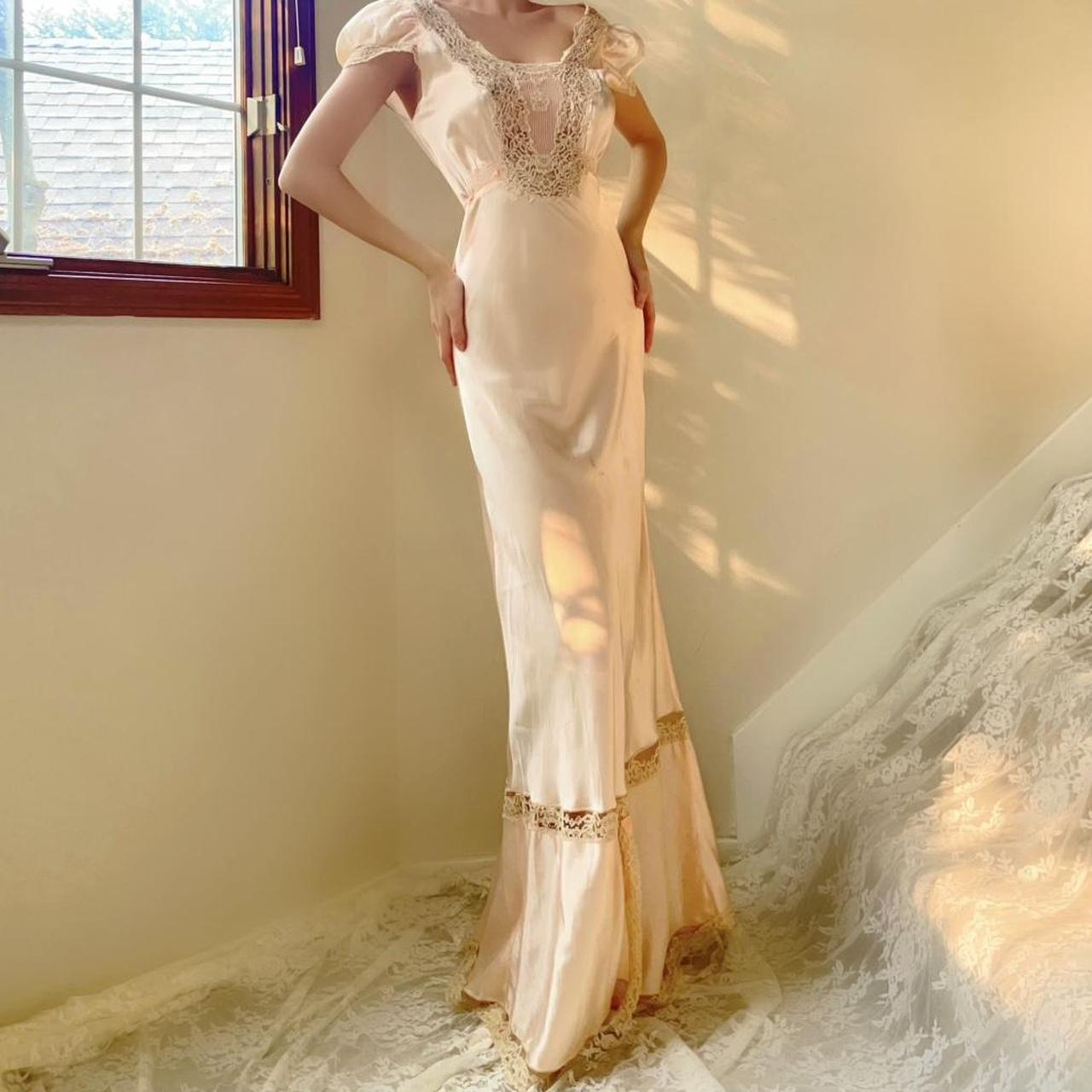 1930s antique palest peach/pink lace bias cut lingerie gown