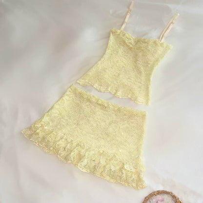 Pale Yellow Sparkly Cami + Ruffle Mini Skirt Matching Set