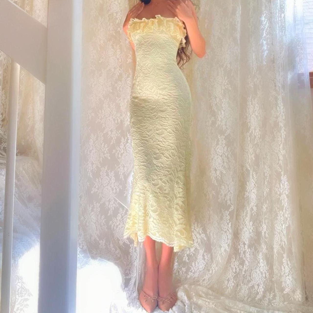 Pale Yellow Sparkly Lace Ruffle Strapless Midi Dress