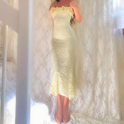 Pale Yellow Sparkly Lace Ruffle Strapless Midi Dress