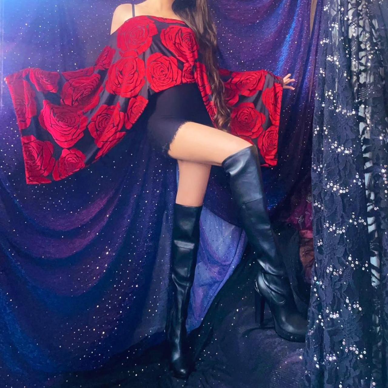 Red Velvet Rose & Black Draped Batwing Sleeve Mini Dress