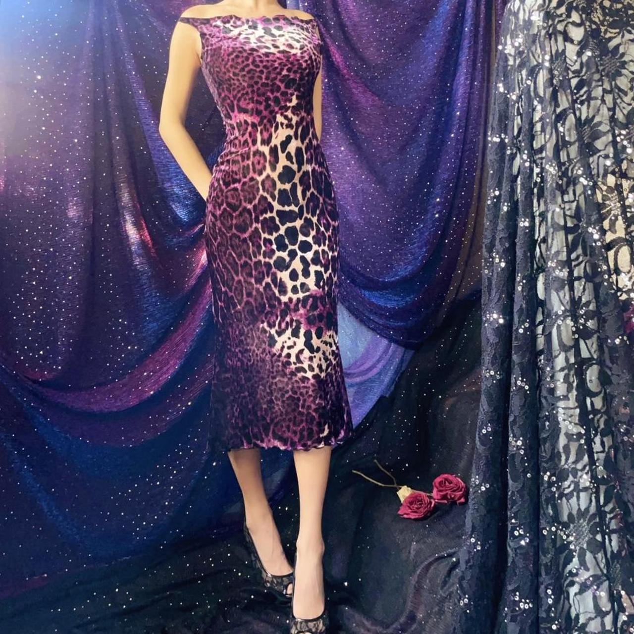 Purple Velvet Leopard Print Bateau Neck Midi Dress