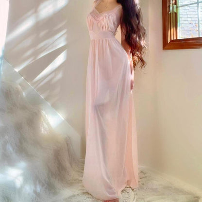 1940s vintage baby pink ruffled nylon ballerina lingerie maxi dress