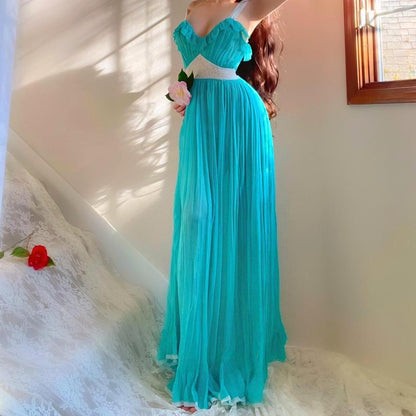 1940s mermaid turquoise/white silk chiffon bias cut pleated ruffle lingerie gown