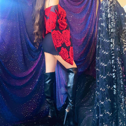 Red Velvet Rose & Black Draped Batwing Sleeve Mini Dress